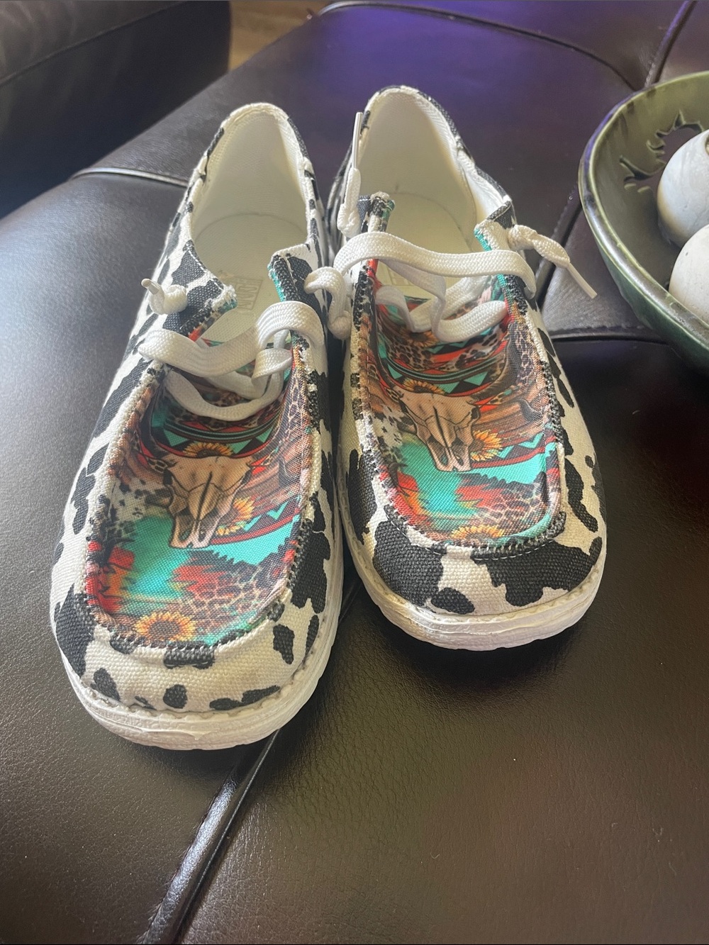 Ladies Casual Western Canvas Sneakers in Black & White Cow Print aztec design